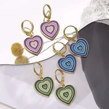 9 Pairs Cute Small Huggie Hoop Earrings Set for Women, Colorful Y2k Enamel Earring, Heart Butterfly Flowers Charm Weird Dangle Hoops, Trendy Gold Hypoallergenic Aesthetic Earrings Pack (9 pcs-2)