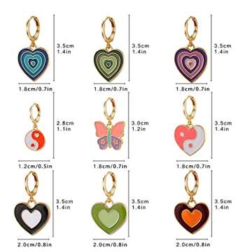 9 Pairs Cute Small Huggie Hoop Earrings Set for Women, Colorful Y2k Enamel Earring, Heart Butterfly Flowers Charm Weird Dangle Hoops, Trendy Gold Hypoallergenic Aesthetic Earrings Pack (9 pcs-2)