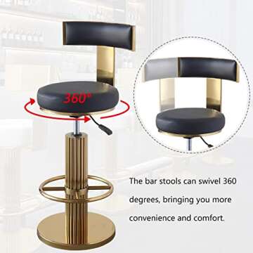 FUNROLUX Swivel Bar Stools with Backrest, Modern Adjustable Height Counter Stool with Metal Legs and Comfortable Cushion, Black and Gold Bar Chair for Kitchen Island Counter (Black)
