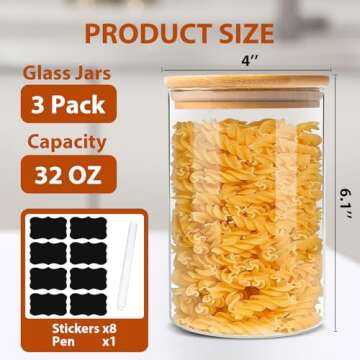 ENLOY Glass Food Storage Jars 32 OZ Set of 3, 3 Pack Airtight Food Storage Jar with Bamboo Lid, Clea...