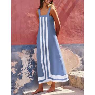 Ailoqing 2025 Women Bohemian Floral Dress Summer Maxi Color Block Dress Coverups (Blue-M)