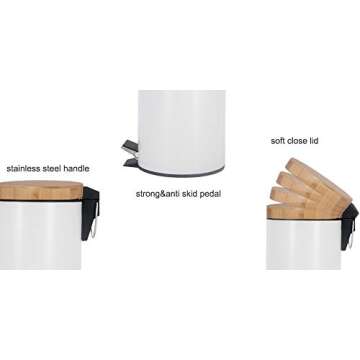 L-Line Way Small Bathroom Trash can with Pedal,Eco Friendly Bamboo lid Soft Close,0.8 Gal/3L .White Steel with Removable Inner bin.Strong &Anti Skid Pedal.Color Box.Unique & Boutique Style