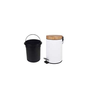 L-Line Way Small Bathroom Trash can with Pedal,Eco Friendly Bamboo lid Soft Close,0.8 Gal/3L .White Steel with Removable Inner bin.Strong &Anti Skid Pedal.Color Box.Unique & Boutique Style