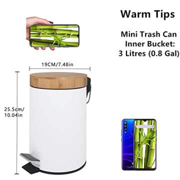 L-Line Way Small Bathroom Trash can with Pedal,Eco Friendly Bamboo lid Soft Close,0.8 Gal/3L .White Steel with Removable Inner bin.Strong &Anti Skid Pedal.Color Box.Unique & Boutique Style