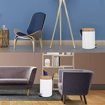 L-Line Way Small Bathroom Trash can with Pedal,Eco Friendly Bamboo lid Soft Close,0.8 Gal/3L .White Steel with Removable Inner bin.Strong &Anti Skid Pedal.Color Box.Unique & Boutique Style