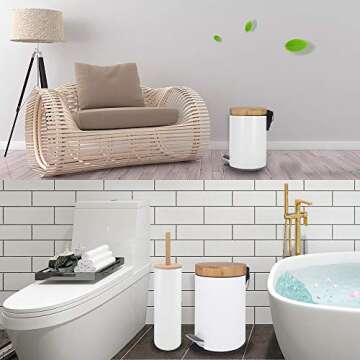 L-Line Way Small Bathroom Trash can with Pedal,Eco Friendly Bamboo lid Soft Close,0.8 Gal/3L .White Steel with Removable Inner bin.Strong &Anti Skid Pedal.Color Box.Unique & Boutique Style