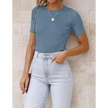 ZESICA Women's Short Sleeve Crewneck T Shirt 2025 Summer Ribbed Knit Slim Fit Basic Solid Color Tee ...