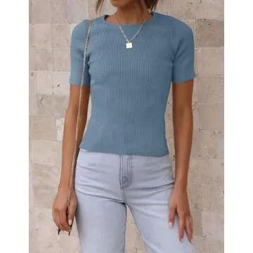 ZESICA Women's Ribbed Knit Slim Fit Tee - Summer Style