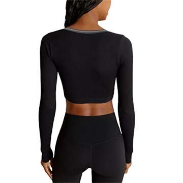 Women's Ribbed Shirt Long Sleeve Knit V-Neck Slim Fit Crop Top Casual Sexy Tops Streetwear, Black, S...