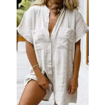 CHARTOU Women Summer Shorts Romper Button Down Wide Leg Cotton Linen Shortalls Jumpsuit (X-Small, Wh...