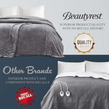 Beautyrest Heated Electric Blanket for Cold Weather, Fast Heating Heated Blanket, Auto Shut Off, Virtually Zero EMF, Multi Heat Setting, UL Certified, Grey King (90 inx100 in)