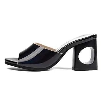 Women's Peep Toe Slide Sandals Cutout Chunky Block High Heel Comfortable Slip On Mules Pumps Shoes Black
