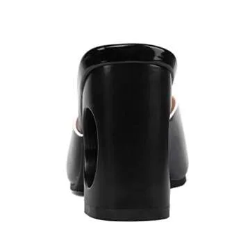 Women's Peep Toe Slide Sandals Cutout Chunky Block High Heel Comfortable Slip On Mules Pumps Shoes Black