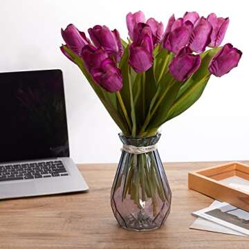 20PCS Artificial Tulips Real Touch Faux Flower Moisturizing Tulips for Photography Ornaments Home Garden Wedding Party Decor Fake Flowers (Purple)