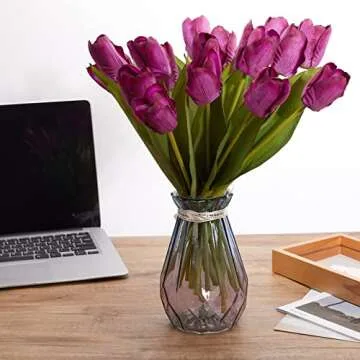 20PCS Artificial Tulips Real Touch Faux Flower Moisturizing Tulips for Photography Ornaments Home Garden Wedding Party Decor Fake Flowers (Purple)