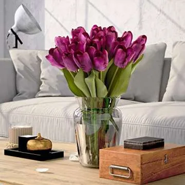 20PCS Artificial Tulips Real Touch Faux Flower Moisturizing Tulips for Photography Ornaments Home Garden Wedding Party Decor Fake Flowers (Purple)