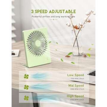 Zuvas Desk Fan Battery Operated Rechargeable 180°Tilt Folding Personal Ultra Quiet Small Portable Fan Light Green