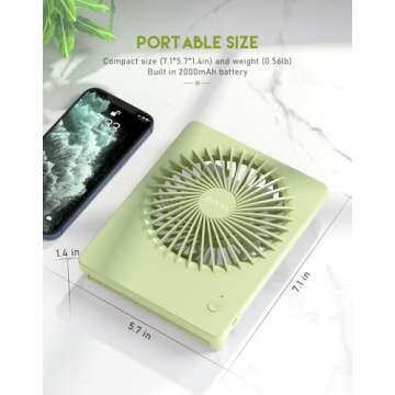 Zuvas Desk Fan Battery Operated Rechargeable 180°Tilt Folding Personal Ultra Quiet Small Portable Fan Light Green
