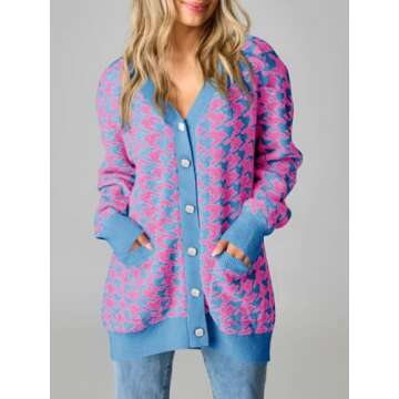 Saodimallsu Womens Houndstooth Sweater Dress Checkered Long Sleeve Oversized Button Casual Cardigans with Pockets Blue