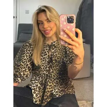 Dynict Leopard Print Tops for Women Puff Sleeve Top Summer Shirts Y2k Tie Front Cardigan Blouse Babydoll Peplum Top (Large,Leopard)