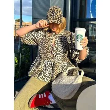 Dynict Leopard Print Tops for Women Puff Sleeve Top Summer Shirts Y2k Tie Front Cardigan Blouse Babydoll Peplum Top (Large,Leopard)