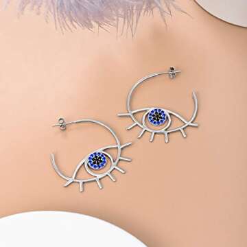 PEIMKO 925 Sterling Silver Evil Eye Earrings for Women, Greek Evil Eye Hoop Earrings Jewelry Birthday Gifts for Women