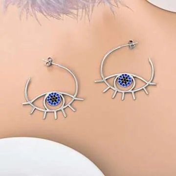 PEIMKO 925 Sterling Silver Evil Eye Earrings for Women, Greek Evil Eye Hoop Earrings Jewelry Birthday Gifts for Women