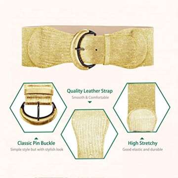 VOCHIC PU Leather Elastic Gold Wide Belt for Women Ladies Dress Stretch Thick Waist Belts