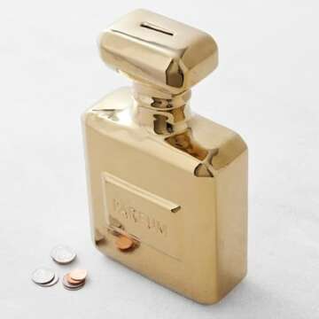 Z Gallerie Gold Ceramic Perfume Bottle Coin Bank - Piggy Bank for Tabletop, Shelf, Office Desk - Money Bank Gift for Women - 11"