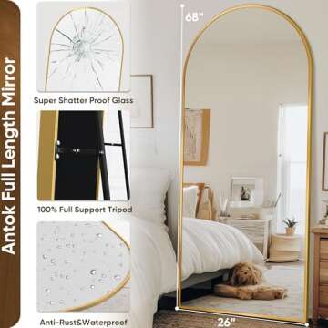 Antok Full Length Mirror, 68"x26" Arched Floor Mirror, Glassless Mirror Full Length with Stand, Floor Mirror Freestanding, Wall Mounted Mirror for Living Room, Gold