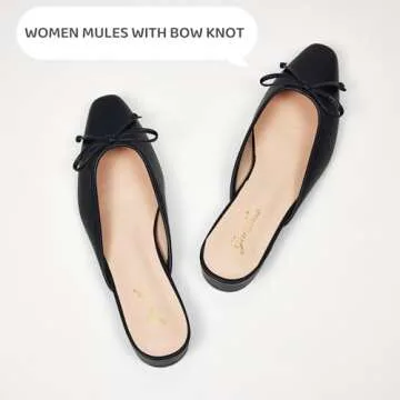 GENSHUO Mules for Women Flats Comfortable Slip On Women Bow Square Toe Mules Closed Cute Backless Loafers Mule Shoes for WomenBlack Size 8