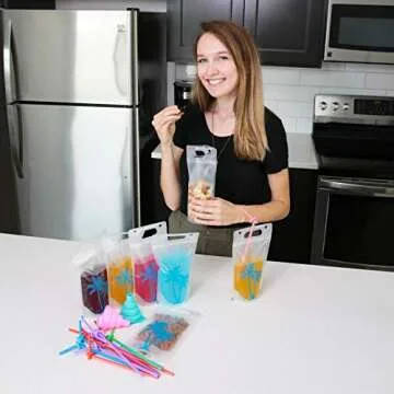 100 Stand Up Drink Pouch Bags with Straws for On-The-Go