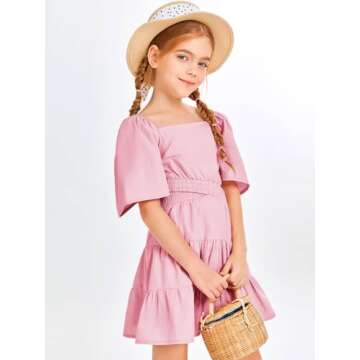 Batermoon Girls Summer Dress - Square Neck Short Sleeve Crossover Waist Pink Mini Dress