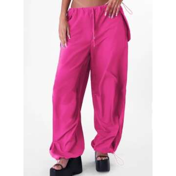 Womens Parachute Pants Drawstring Elastic Low Waist Sweatpants Loose Baggy Y2K Cargo Pants Trousers ...