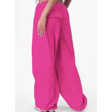 Womens Fuchsia Parachute Pants Lightweight Cargo Trousers