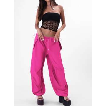 Womens Fuchsia Parachute Pants Lightweight Cargo Trousers