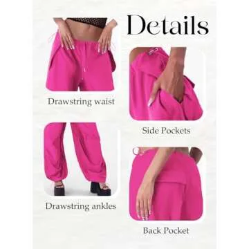 Womens Fuchsia Parachute Pants Lightweight Cargo Trousers