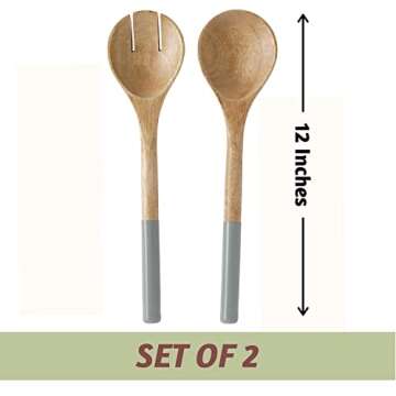 Folkulture Salad Servers or Salad Tongs, Wooden Utensils for Serving Salad, Salad Forks or Salad Tongs for Serving, Salad Sling, 12-inch Spoon and Fork Set, Mango Wood, Grey
