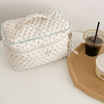 Cessfle Kawaii Cotton Makeup Bag Large Travel Cosmetic Bag Quilted Coquette Makeup Pouch Aesthetic Floral Toiletry Bag