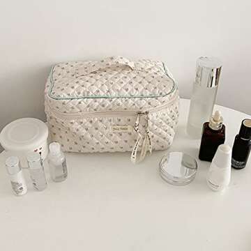 Cessfle Kawaii Cotton Makeup Bag Large Travel Cosmetic Bag Quilted Coquette Makeup Pouch Aesthetic Floral Toiletry Bag