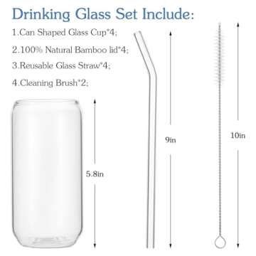 YMQAHWY 4Pcs Set Drinking Glasses with Bamboo Lids and Glass Straw, 16oz Can Shaped Glass Cups, Beer...