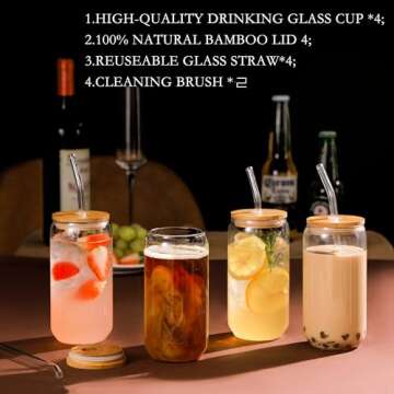 YMQAHWY 4Pcs Set Drinking Glasses with Bamboo Lids and Glass Straw, 16oz Can Shaped Glass Cups, Beer Glasses, Iced Coffee Cups, Glass Tumbler Include 2 Cleaning Brushes, Great for Cocktail,Gifts