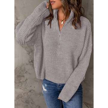 EVALESS Sweaters for Women Cable Knit Long Sleeve Tops Quarter Zip Pullover Sweater for Women Dressy Casual Fall Outfits Trendy 2024 Winter Work Clothes Sexy V Neck Oversized Gray Sweater，Small