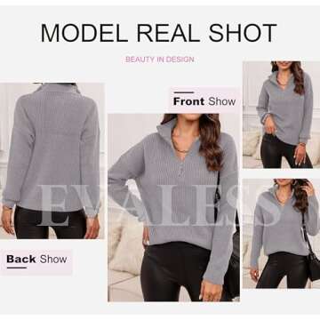 EVALESS Sweaters for Women Cable Knit Long Sleeve Tops Quarter Zip Pullover Sweater for Women Dressy Casual Fall Outfits Trendy 2024 Winter Work Clothes Sexy V Neck Oversized Gray Sweater，Small