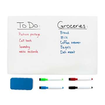 Refridge Reminder Magnetic Dry Erase Whiteboard 17 X 11 Sheet for Refrigerator with Stain Resistant Technology. Set of 4 Magnetic Markers and a Big Magnetic Eraser. Ships Flat, Never Rolled!!