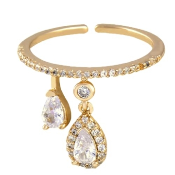 Dainty CZ Teardrop Wedding Engagement Ring for Women Statement Charm Drop Promise Expandable Adjusta...