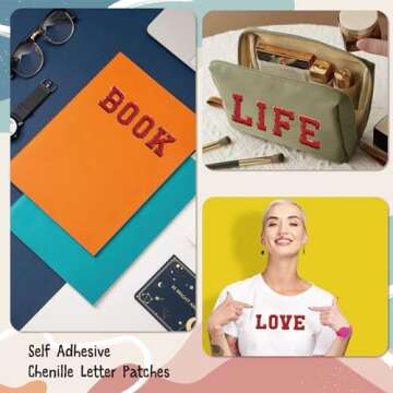 52 Pieces Self Adhesive Chenille Letter Patches Glitter Varsity Letter Patches A-Z Iron On Repair Patches Applique Patches for DIY Shirts Jackets Backpacks Hat (Red)