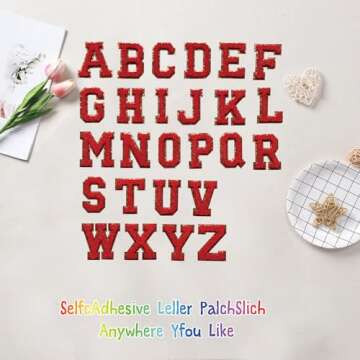 52 Pieces Self Adhesive Chenille Letter Patches Glitter Varsity Letter Patches A-Z Iron On Repair Patches Applique Patches for DIY Shirts Jackets Backpacks Hat (Red)