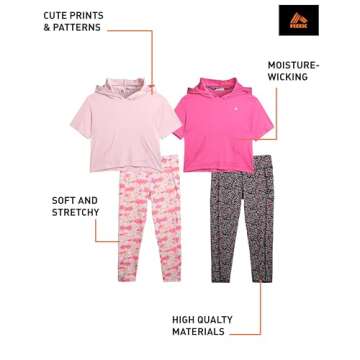 RBX Girls’ Active Set – Performance Short Sleeve T-Shirt, Capri Yoga Pants Leggings Set (4 Pack), Size 7-8, Pink Bar/Pink Plush