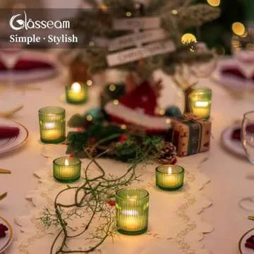 Glass Votive Tealight Candle Holder: Glasseam Small Green Tea Light Holders Bulk Set of 24 Decorative Ribbed Tea Lights Holder for Table Centerpiece Wedding Christmas Dining Room Decor